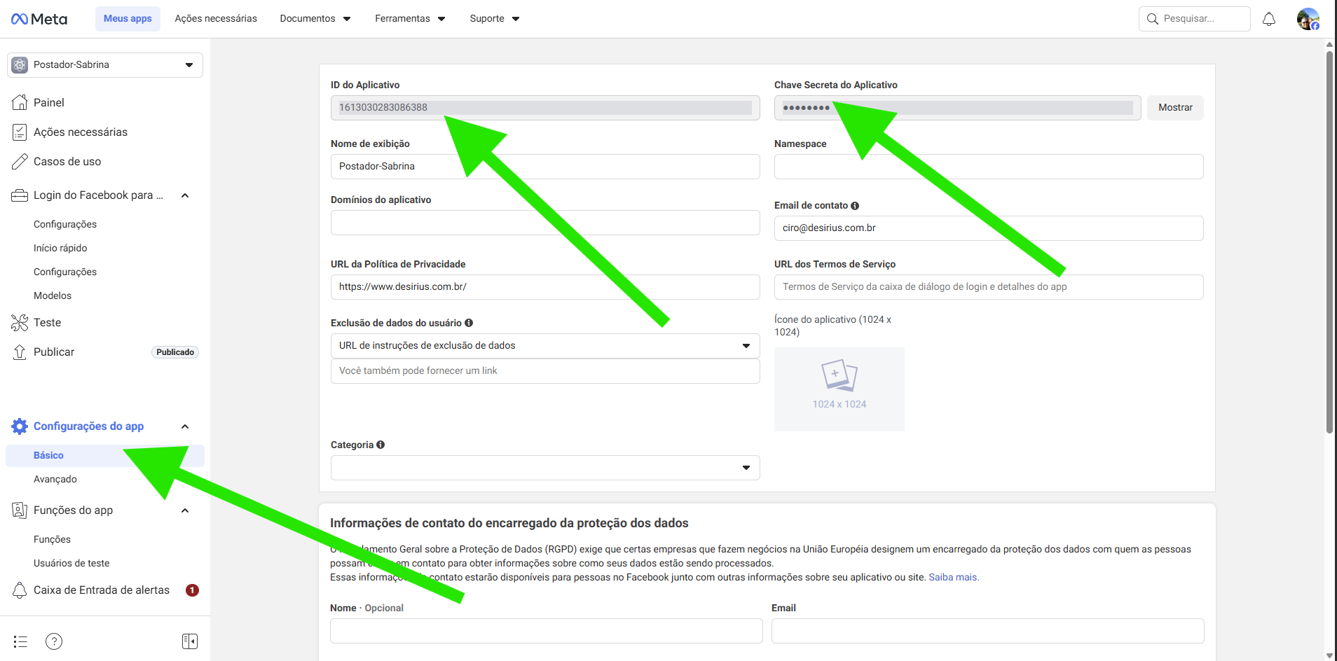 Configurações Básico - App ID e App Secret