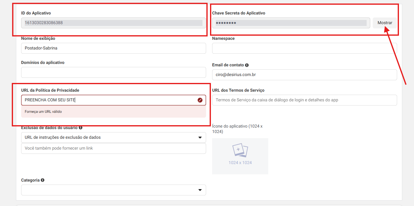 Adicionar URL de política de privacidade