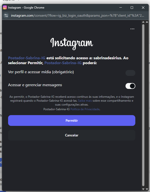 Login Instagram com permissões